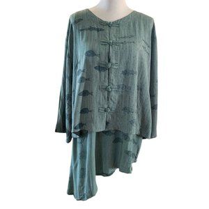ENDLESS‎ KNOT ART Green Fish Layered 2 Pc Asymmetrical Sleeveless & Jacket Tunic